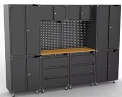 Værkstedsreol m. værktøjsvæg. Alt er lavet i metal. Arbejdsbord med bordplade i træ. Værktøjsvæg til ophæng af værktøj samt overskabe med låger. Totalmål B271 X H187 cm. Usamlet og ubrugt.