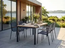 Havemøbelsæt med teak bord og stole ( bord og 4 blå stole )