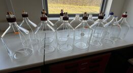  14 stk laboratorieflasker, herunder KIMBLE 5000 ml. model 14395