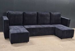 Boston U-Sofa 320x150x150 cm. Sort/blå rib velourstof