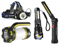 Lygtesæt med fire forskellige opladelige lygter.