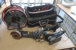 Pladeklipper, vinkelsliber, stiksav, kabeltrommel og taske