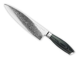 Kokkekniv, 21 cm knivblad, udført i 67 lags Damaskus stål. 