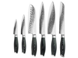 Stort knivsæt, 6 stk. knive udført i 67 lags Damaskus stål.