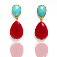 Håndfremstillet ørestikker i guldbelagt sterling sølv, fattet med større dråbeslebne amazonit og chalcedony