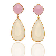 Håndfremstillet ørestikker i guldbelagt sterling sølv, fattet med dråbeslebne hvide og pink chalcedony