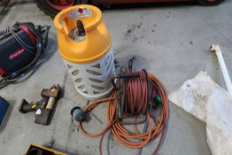 Gasflaske, ukrudtsbrænder samt kabeltromle