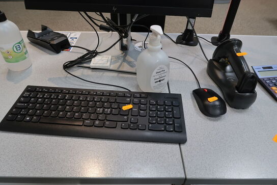 Computerskærm HP, tastatur, mus, håndscanner, computer LENOVO