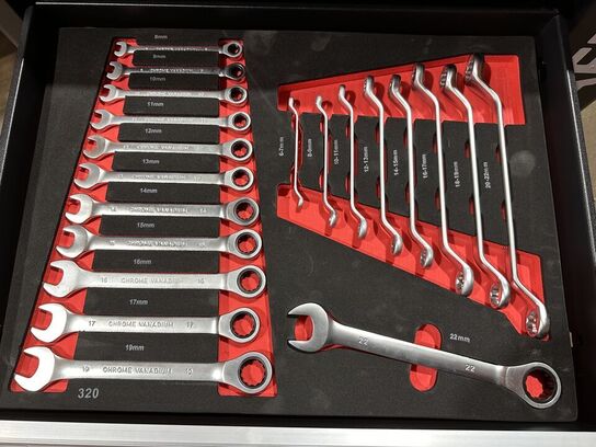 Værktøjsvogn Bearsafe, rød, med 7 skuffer og en del værktøj. Skuffer kan aflåses med centrallås, låge med lås i siden af skabet med plads til opbevaring af spraydåser mv. store letløbende hjul. Ubrugt,