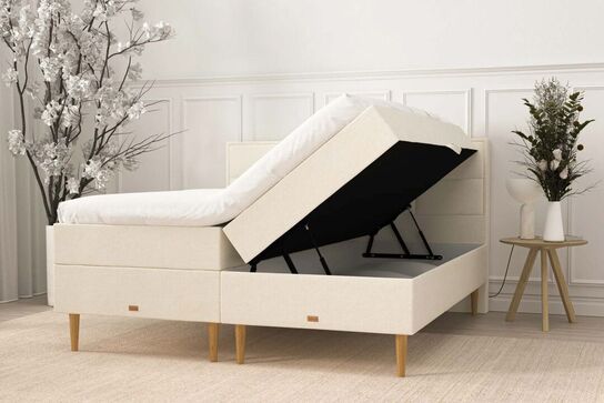 Opbevaringsseng på ben u. topmadras | 160x200 cm | Lys beige (ubrugt)
