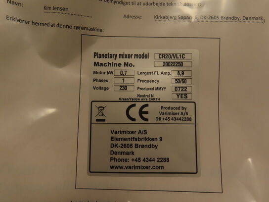 Røremaskine VARIMIXER CR20/VL1C inkl. Tilbehør (ubrugt maskine)