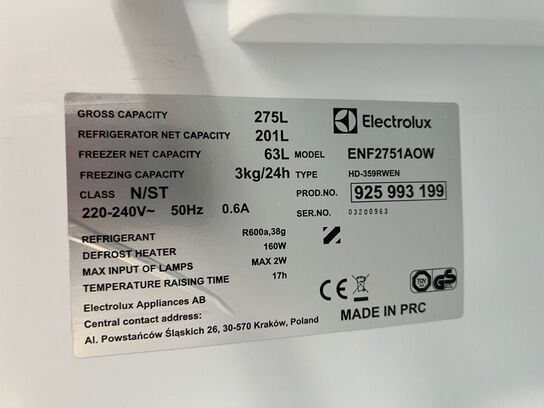 Køle/fryseskab ELECTROLUX Hvid