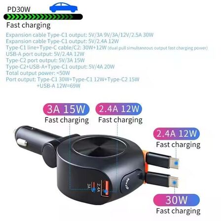 Mobiltilbehør Biladapter 69W Udtrækkelig