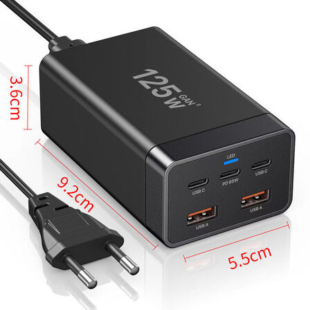2 stk. Mobiltilbehør vægadapter 125W GaN – 2×USB-A + 3×USB-C – Sort
