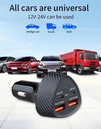 2 stk. Mobiltilbehør Biladapter 25w 4 porte