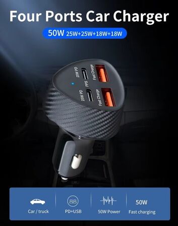 2 stk. Mobiltilbehør Biladapter 25w 4 porte