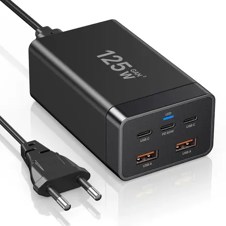 2 stk. Mobiltilbehør vægadapter 125W GaN – 2×USB-A + 3×USB-C – Sort