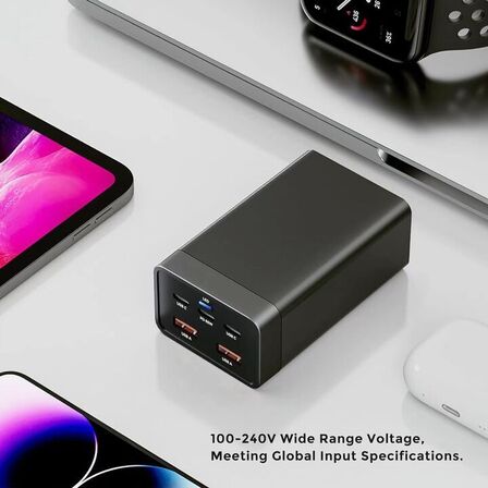 2 stk. Mobiltilbehør vægadapter 125W GaN – 2×USB-A + 3×USB-C – Sort