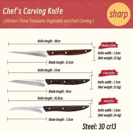 2 sæt Frugt- og grøntsagsudskæringssæt – 3 knive – 3Cr13 rustfrit stål