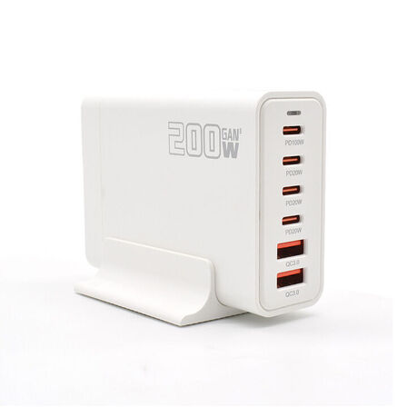 Ladestation GaN 200W – 6 porte (USB-C & USB-A) – Hurtig opladning til mobil og bærbar computer