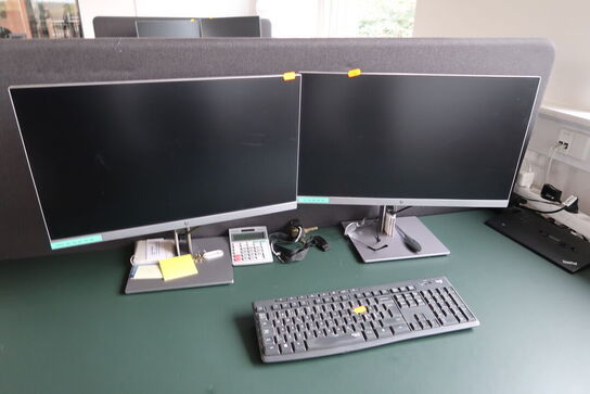 2 stk. computerskærme HP E233, dockingstation og tastatur