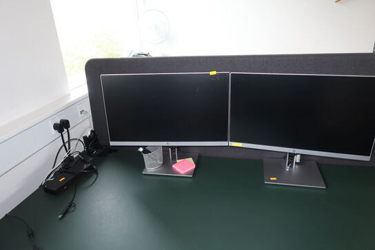 2 stk. computerskærme HP E233, dockingstation LENOVO Hybrid