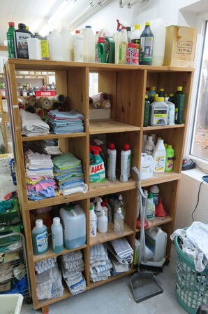Indhold i reol af diverse rengøringsartikler 