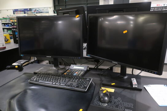 El. hæve/sænke skrivebord med indhold samt kontorstol 