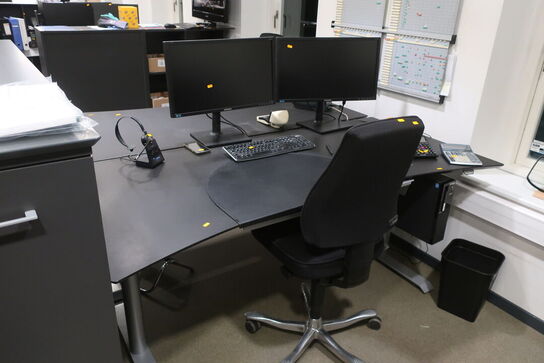 El. hæve/sænke skrivebord med indhold samt kontorstol 