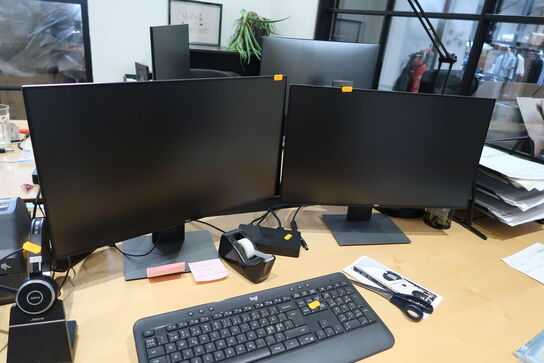 2 stk. computerskærme DELL U2419H, tastatur, headset JABRA