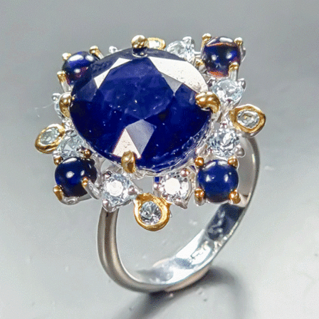 unika ring af rhodineret sterlingsølv prydet med stor ca. 10 ct. oval slebet dyb blå safir,
