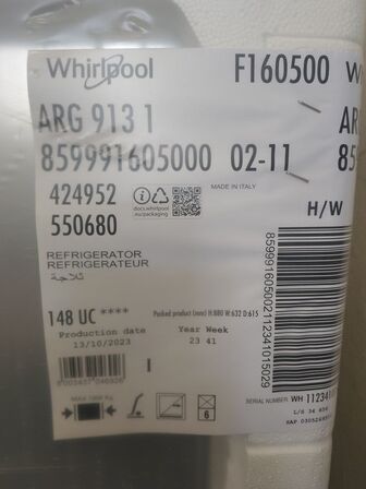 Integreret køleskab, ubrugt  WHIRLPOOL