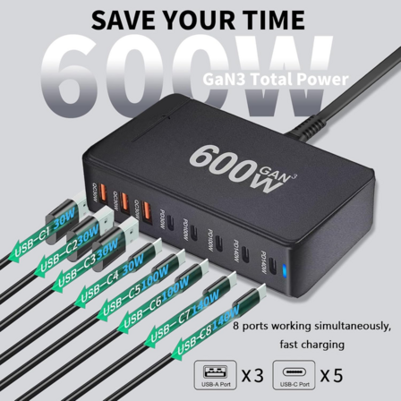 Ladestation GaN 600W – 8 porte (USB-C & USB-A) – Hurtig opladning til mobil og bærbar computer
