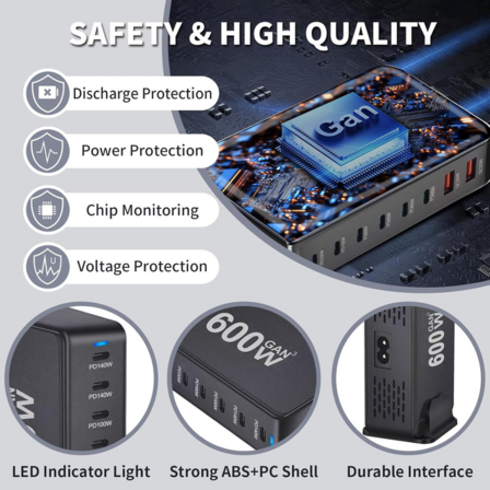 Ladestation GaN 600W – 8 porte (USB-C & USB-A) – Hurtig opladning til mobil og bærbar computer