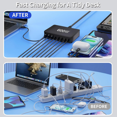 Ladestation GaN 600W – 8 porte (USB-C & USB-A) – Hurtig opladning til mobil og bærbar computer