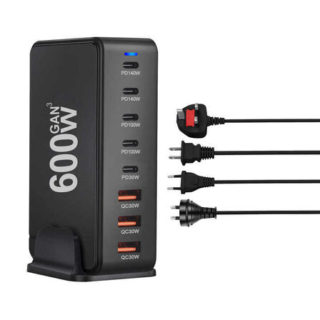 Ladestation GaN 600W – 8 porte (USB-C & USB-A) – Hurtig opladning til mobil og bærbar computer