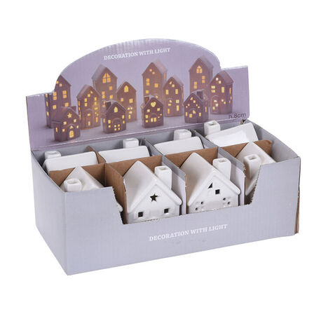 8 stk. Hvidt hus med LED lys porcelæn 8 cm - assorteret