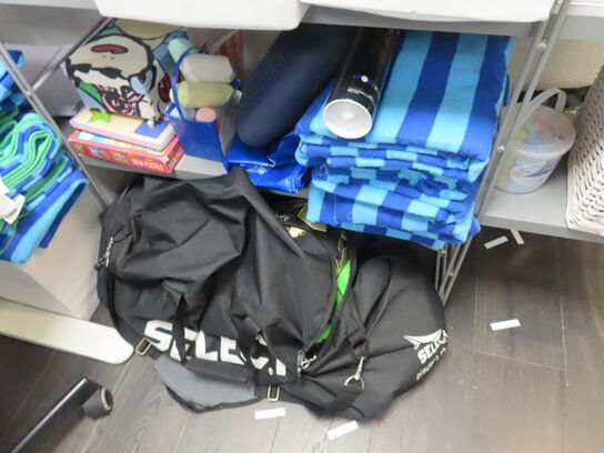 Reol med indhold af diverse bolde, bøger, hobbyting, m.v.