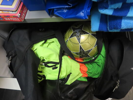 Reol med indhold af diverse bolde, bøger, hobbyting, m.v.