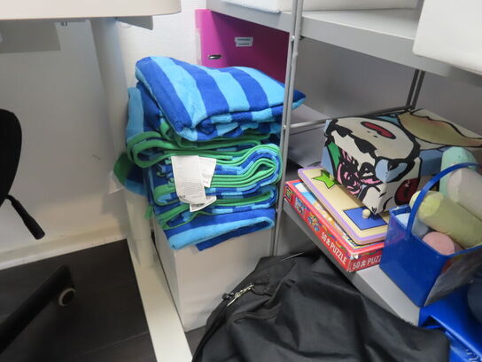 Reol med indhold af diverse bolde, bøger, hobbyting, m.v.