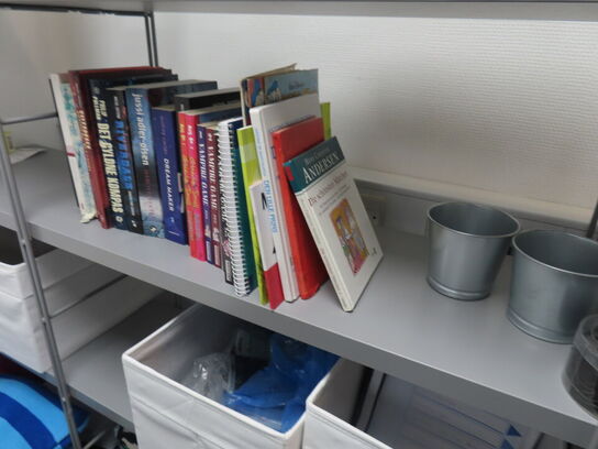 Reol med indhold af diverse bolde, bøger, hobbyting, m.v.