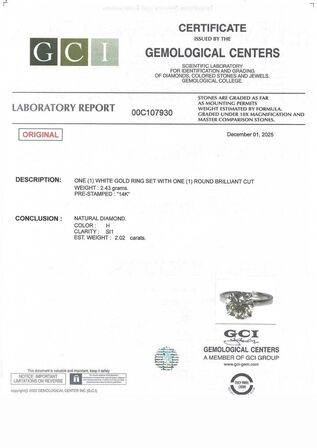 NATURLIG 2,02 ct. diamant og 14K hvidguldring.