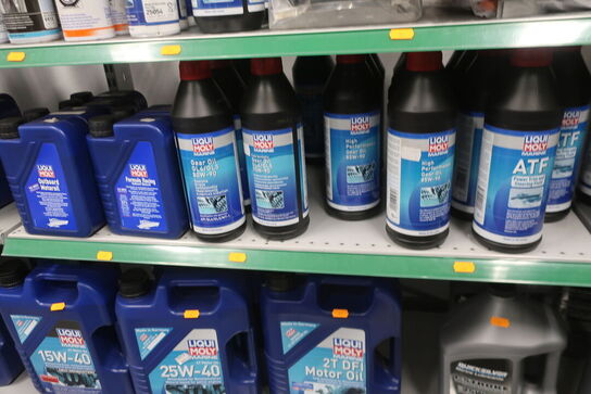 Hylde med div. Plejemidler, olie LIQUI MOLY m.fl.