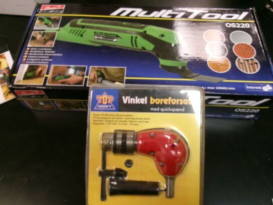 1 stk. multitool, 1 stk. vinkelforsats til boremaskine