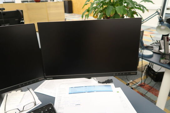 2 stk. computerskærme LENOVO T23i-10, tastatur, mus, dockingstation, headset, webcam