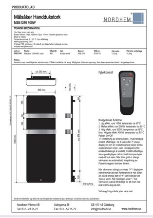Elektrisk Glas og sort håndklædetørrer 400 x 1200