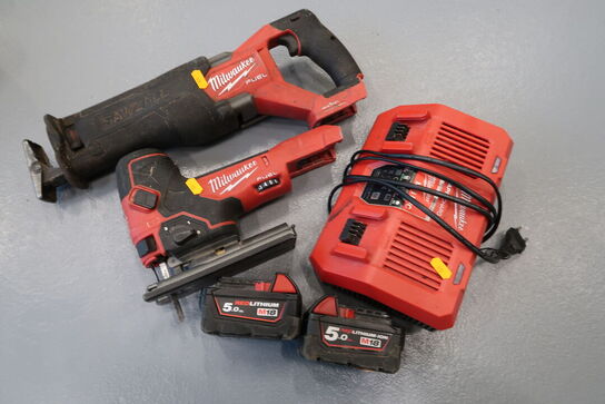2 stk. akku håndværktøj MILWAUKEE M18 FBJS, M18 ONEFSZ med 2 stk. batteri og lader