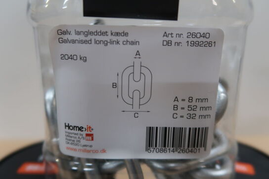 3 pk. langleddet kæde 8 mm x 2 meter varmgalvaniseret