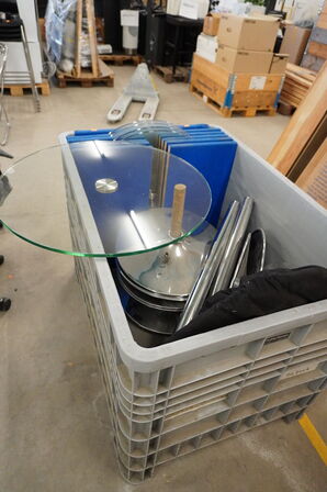 5 stk. Cafeborde glas/stål Ø=60cm i transportkasse