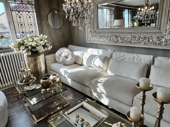 Sofa 4 personer m. Puder CREMEFARVET VELOUR 400 cm